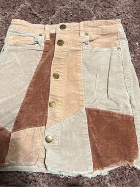 Source Unknown Patchwork Corduroy Button Skirt in Cream & Brown